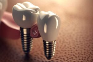 Dental implant model showing two titanium screws with connected ceramic crowns for missing teeth replacement