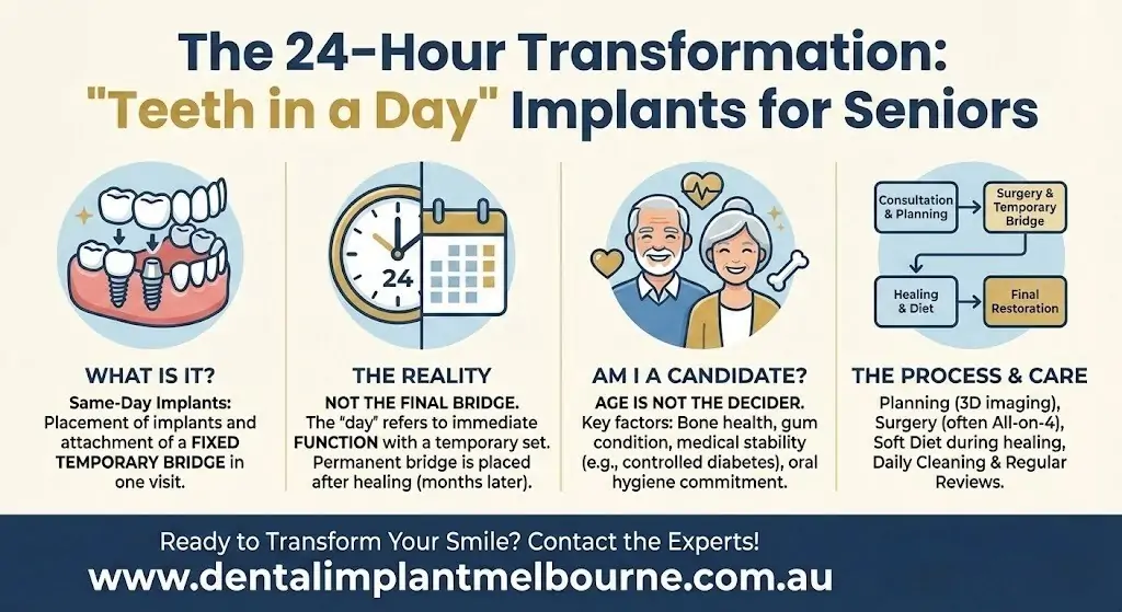 The 24-Hour Transformation infographic for seniors, explaining the All-on-4 dental implant process in Melbourne.