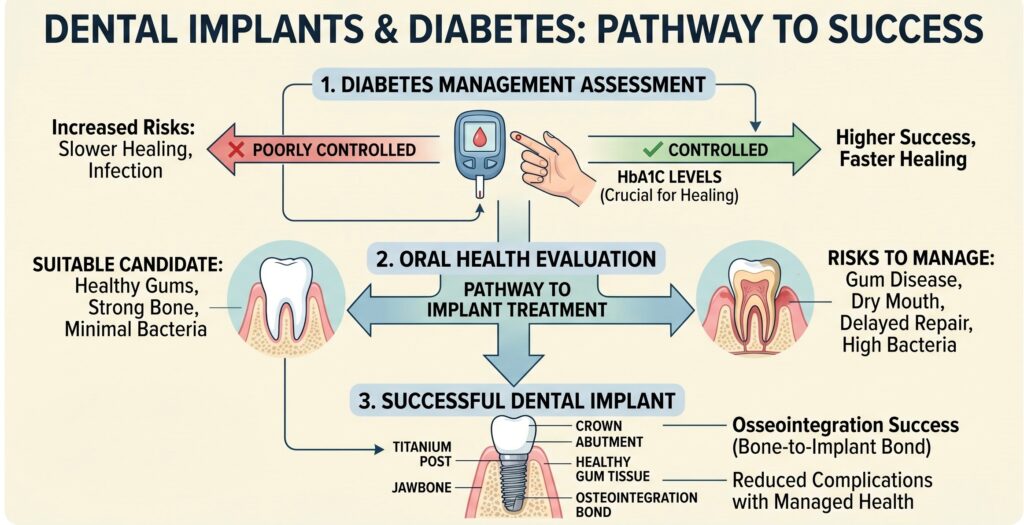 An infographic titled Dental Implants and Diabetes: Pathway to Success, mapping out steps for diabetes management, oral health evaluation, and osseointegration.
