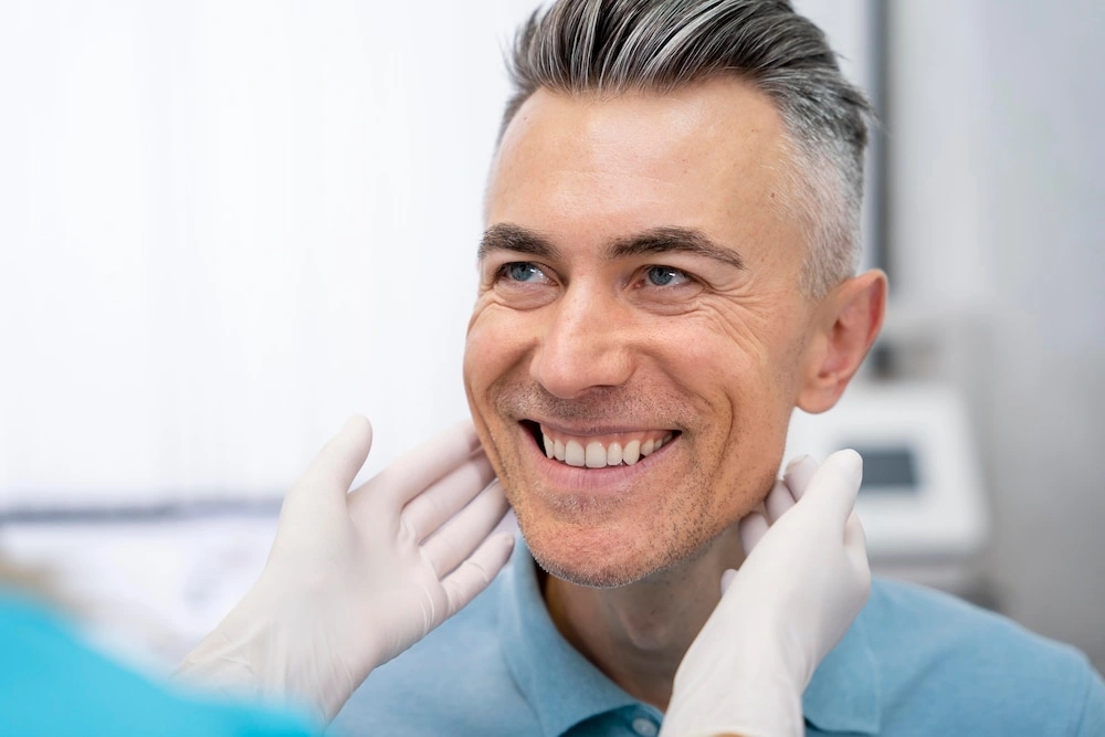 A happy male patient receiving a jaw and bite examination from a dentist after a dental implant procedure.